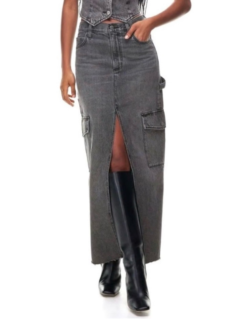 Denim Forum - Size 31 - ‘90s Cargo Maxi Skirt in Ozone Black